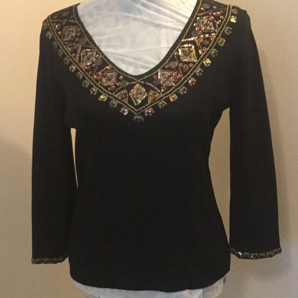 Joseph A Black Embellished Knit Top L